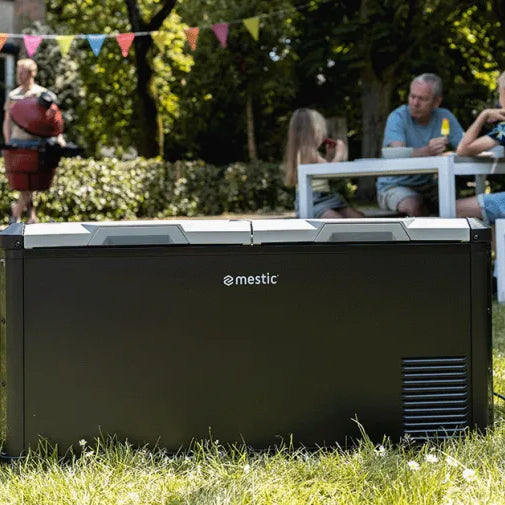 Mestic MCCP-90 dual zone cool box in a sunny camping setting - future-proofing your electrics - My Mestic