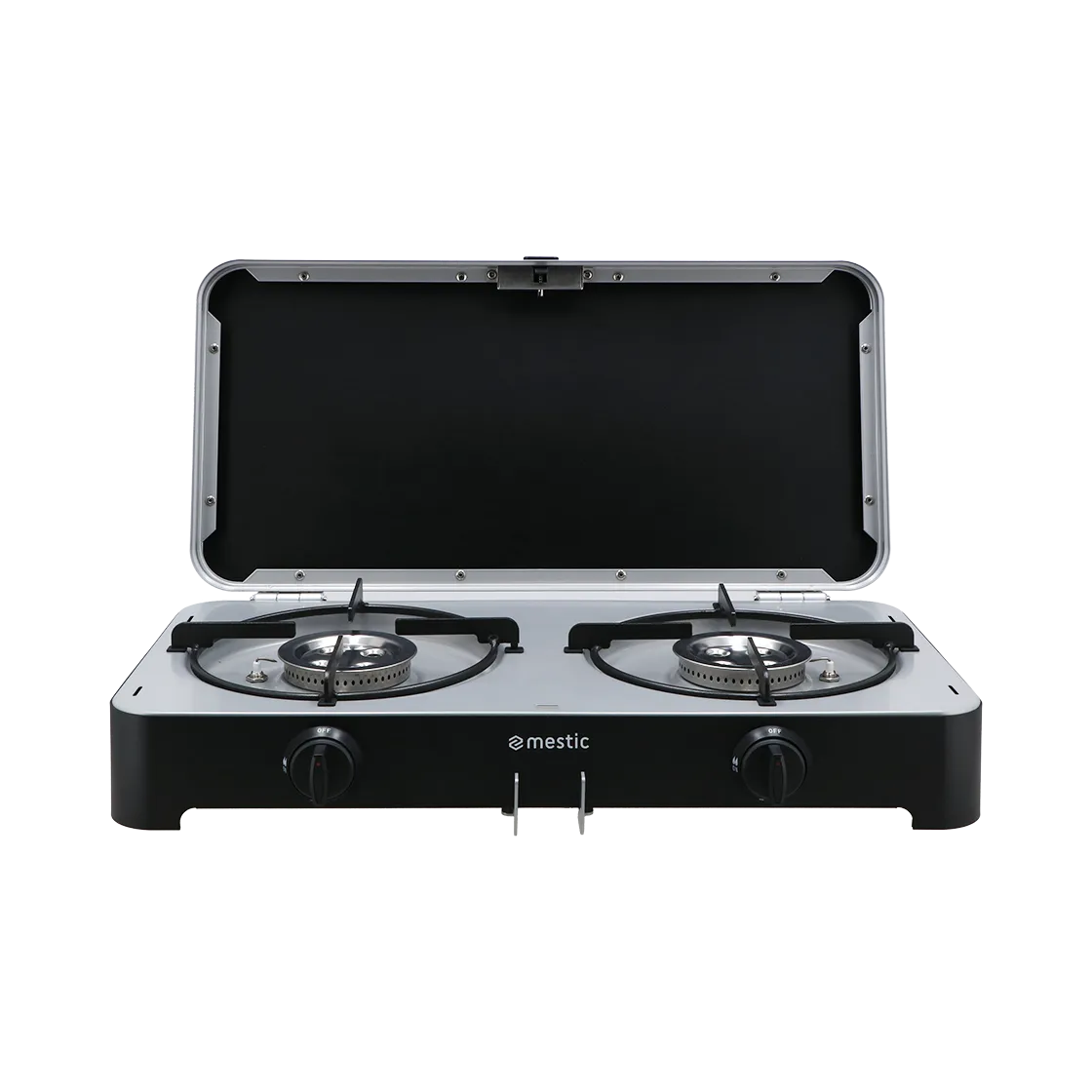 Mestic MGCP-1200 gas cooker with lid open showing twin burners and control knobs