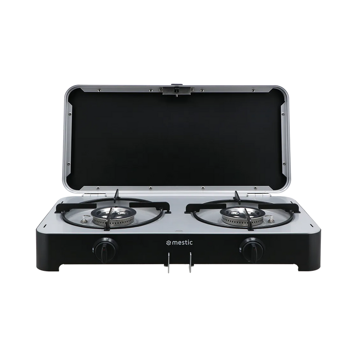 Mestic portable gas cooker opened up — twin burners with electric ignition for easy camp cooking