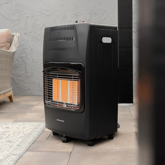 Mestic travel gas heater in use during a camping trip — safe, compact off-grid heating
