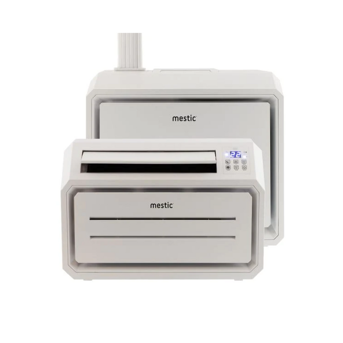 Both parts of the Mestic split air conditioner displayed together — compact caravan cooling system