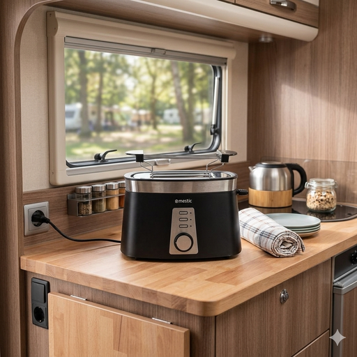A lifestyle photograph of a black and stainless steel Mestic toaster sitting on a light wood countertop inside a modern caravan. The toaster is unplugged with its bun warmer rack attached on top. In the background, a large caravan window reveals a sunny, blurred view of a wooded campsite. The interior features warm wood cabinetry, a small spice rack, a rolled tea towel, and a stainless steel kettle, creating a cosy and organized travel atmosphere.